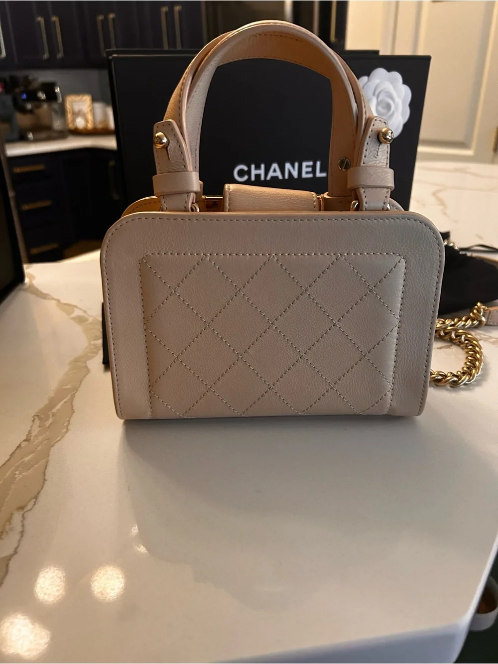 CHANEL Nude Quilted Mini Vanity Top-Handle with Gold Chain